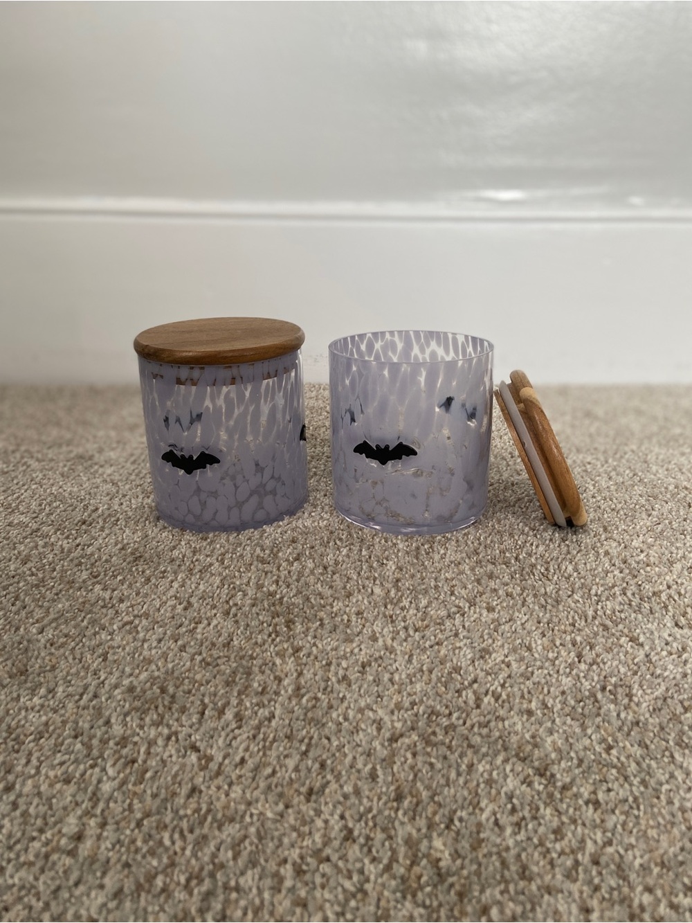 NWOT Halloween Bat Jars Canisters with bamboo lid set of 2 Spooky Kitchen